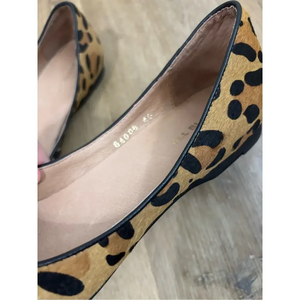 Leopard Print Pointed Toe Women's Flats Tan Black Leather Size 40 9